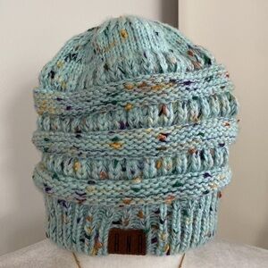 Teal Purple Yellow Speckled Chunky Knit Ponytail Messy Bun Boho Whimsical Beanie